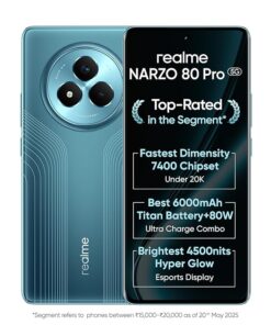 realme NARZO 80 Pro 5G (Racing Green,8GB+128GB) | Segment's 1st MediaTek Dimensity 7400 Chipset | 6000mAh Titan Battery + 80W Ultra Charge | 4500nits HyperGlow Esports Display | IP69 Waterproof